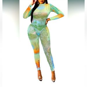 Women's Bodycon Jumpsuit See Through Mesh Money Print Bodysuit Long Sleeve